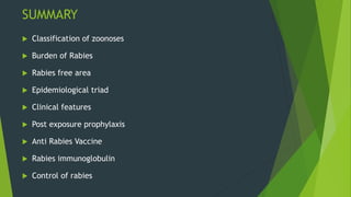 SUMMARY
 Classification of zoonoses
 Burden of Rabies
 Rabies free area
 Epidemiological triad
 Clinical features
 Post exposure prophylaxis
 Anti Rabies Vaccine
 Rabies immunoglobulin
 Control of rabies
 