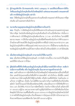 แนวทางการดูแลรักษาผู้สัมผัสโรคพิษสุนัขบ้า สถานเสาวภา สภากาชาดไทย พ.ศ. 2561 และค�ำถามที่พบบ่อย
11.	 ผู้ป่วยถูกสัตว์กัด มีบาดแผลระดับ WHO category III และมีข้อบ่งชี้ของการได้รับ
	 วัคซีนและอิมมูโนโกลบุลินป้องกันโรคพิษสุนัขบ้า แต่ขณะมาพบแพทย์ บาดแผลหายดี
	 แล้ว ควรฉีดอิมมูโนโกลบุลิน อย่างไร
	ตอบ	 ให้ฉีดอิมมูโนโกลบุลินที่ในและรอบบริเวณที่เคยมีบาดแผลอย่างทั่วถึงและมากที่สุด
เช่นเดิม แม้ว่าแผลจะหายดีแล้วก็ตาม
12.	 ขนาดปริมาณสูงสุดของอิมมูโนโกลบุลินที่ฉีดควรเป็นเท่าไร
ตอบ 	ปัจจุบัน การฉีดอิมมูโนโกลบุลินให้ฉีดเฉพาะบริเวณในและรอบแผลครบทุกแผล
ให้มากที่สุด โดยไม่ต้องฉีดอิมมูโนโกลบุลินที่เหลือเข้ากล้ามเนื้อที่สะโพก ดังนั้นจาก
การศึกษาพบว่า มักใช้อิมมูโนโกลบุลินเพียงปริมาณ 1-2 มล. อย่างไรก็ตาม ในกรณีที่มี
หลายบาดแผล การใช้ปริมาณอิมมูโนโกลบุลินที่ฉีดทั้งหมดต้องไม่เกินกว่าที่ค�ำนวณจาก
น�้ำหนักตามที่ก�ำหนดไว้คือ อิมมูโนโกลบุลินที่ท�ำจากซีรั่มม้า (ERIG) ขนาด 40 IU/กก. และ
อิมมูโนโกลบุลินที่ท�ำจากซีรั่มมนุษย์ (HRIG) ขนาด 20 IU/กก. ทั้งนี้ยังสามารถเพิ่มปริมาณ
ของอิมมูโนโกลบุลินที่ค�ำนวณได้โดยการเจือจางด้วยน�้ำเกลือนอร์มัลอีก2-3เท่าได้เช่นเดิม
13.	 เมื่อเปิดขวดอิมมูโนโกลบุลินแล้ว สามารถเก็บไว้ได้นานเท่าไร
ตอบ เมื่อเปิดขวดใช้อิมมูโนโกลบุลินแล้ว หากไม่มีการปนเปื้อน สามารถเก็บไว้ในตู้เย็น
และใช้ได้ภายในเวลา 8 ชั่วโมง
14.	 ผู้สัมผัสโรคที่ได้รับวัคซีนและอิมมูโนโกลบุลินแล้วมีผื่นภายหลังให้การรักษา สงสัยว่า
	 จะมีอาการแพ้วัคซีน หรือ อิมมูโนโกลบุลิน มีแนวทางการดูแลรักษาอย่างไร
ตอบ 	ผลข้างเคียงจากการฉีดวัคซีนป้องกันโรคพิษสุนัขบ้าชนิดเซลล์เพาะเลี้ยงเกิดขึ้นได้
น้อย และมักไม่รุนแรงเหมือนวัคซีนที่ท�ำจากสมองสัตว์ อย่างไรก็ตาม เมื่อมีผื่น แพทย์
ควรพิจารณาว่ามีสาเหตุอื่นที่ท�ำให้ผู้ป่วยเกิดผื่น หรือมีการแพ้ได้หรือไม่ ร่วมด้วยเช่น ยา
แก้ปวด ยาปฏิชีวนะ เป็นต้น ในกรณีที่พิจารณาแล้วว่าเป็นการแพ้วัคซีนป้องกันโรคพิษ
สุนัขบ้า โดยทั่วไปแนะน�ำให้เปลี่ยนชนิดของวัคซีน (เช่นเปลี่ยนจากการใช้วัคซีนที่ท�ำจาก
Vero cell เป็นวัคซีน PCECV) ในการฉีดครั้งต่อไป ร่วมกับการให้ยาแก้แพ้ แต่ไม่ควรใช้
ยา steroid แก่ผู้ป่วย เพราะอาจกดการสร้างภูมิคุ้มกันที่เกิดจากการให้วัคซีนป้องกันโรค
พิษสุนัขบ้าได้ ส่วนการแพ้ขึ้นผื่นหรือ serum sickness จากอิมมูโนโกลบุลินมักพบในวันที่
5-14 หลังได้รับอิมมูโนโกลบุลิน เกือบทั้งหมดอาการไม่รุนแรง มักให้การรักษาตามอาการ
ด้วยยาลดไข้และยาแอนติฮิสตามีน ไม่ควรให้ steroid แก่ผู้ป่วย
19
 
