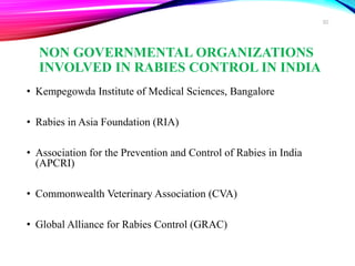 NON GOVERNMENTAL ORGANIZATIONS
INVOLVED IN RABIES CONTROL IN INDIA
• Kempegowda Institute of Medical Sciences, Bangalore
• Rabies in Asia Foundation (RIA)
• Association for the Prevention and Control of Rabies in India
(APCRI)
• Commonwealth Veterinary Association (CVA)
• Global Alliance for Rabies Control (GRAC)
50
 