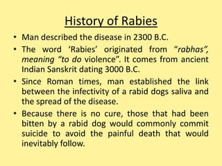 History of Rabies
• Man described the disease in 2300 B.C.
• The word ‘Rabies’ originated from “rabhas”,
meaning “to do violence”. It comes from ancient
Indian Sanskrit dating 3000 B.C.
• Since Roman times, man established the link
between the infectivity of a rabid dogs saliva and
the spread of the disease.
• Because there is no cure, those that had been
bitten by a rabid dog would commonly commit
suicide to avoid the painful death that would
inevitably follow.
 