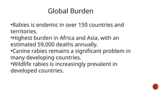 Global Burden
•Rabies is endemic in over 150 countries and
territories.
•Highest burden in Africa and Asia, with an
estimated 59,000 deaths annually.
•Canine rabies remains a significant problem in
many developing countries.
•Wildlife rabies is increasingly prevalent in
developed countries.
 