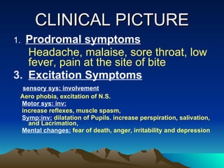 CLINICAL PICTURE 1.  Prodromal symptoms Headache, malaise, sore throat, low fever, pain at the site of bite Excitation Symptoms sensory sys: involvement Aero phobia, excitation of N.S. Motor sys: inv:   increase reflexes, muscle spasm, Symp:inv:  dilatation of Pupils. increase perspiration, salivation, and Lacrimation,  Mental changes:  fear of death, anger, irritability and depression   