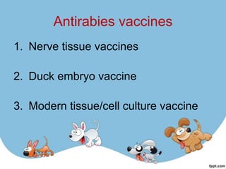 Antirabies vaccines
1. Nerve tissue vaccines

2. Duck embryo vaccine

3. Modern tissue/cell culture vaccine
 