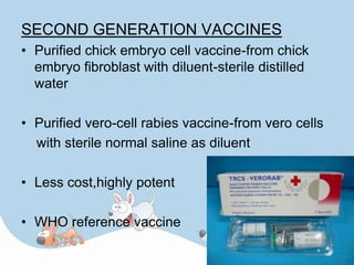 SECOND GENERATION VACCINES
• Purified chick embryo cell vaccine-from chick
  embryo fibroblast with diluent-sterile distilled
  water

• Purified vero-cell rabies vaccine-from vero cells
  with sterile normal saline as diluent

• Less cost,highly potent

• WHO reference vaccine
 
