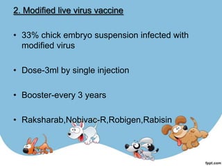 2. Modified live virus vaccine

• 33% chick embryo suspension infected with
  modified virus

• Dose-3ml by single injection

• Booster-every 3 years

• Raksharab,Nobivac-R,Robigen,Rabisin
 