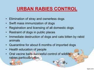 URBAN RABIES CONTROL

• Elimination of stray and ownerless dogs
• Swift mass immunization of dogs
• Registration and licensing of all domestic dogs
• Restraint of dogs in public places
• Immediate destruction of dogs and cats bitten by rabid
  animals
• Quarantine for about 6 months of imported dogs
• Health education of people
• Oral vacine baits-succesful control of wildlife
  rabies,particularly fox
 