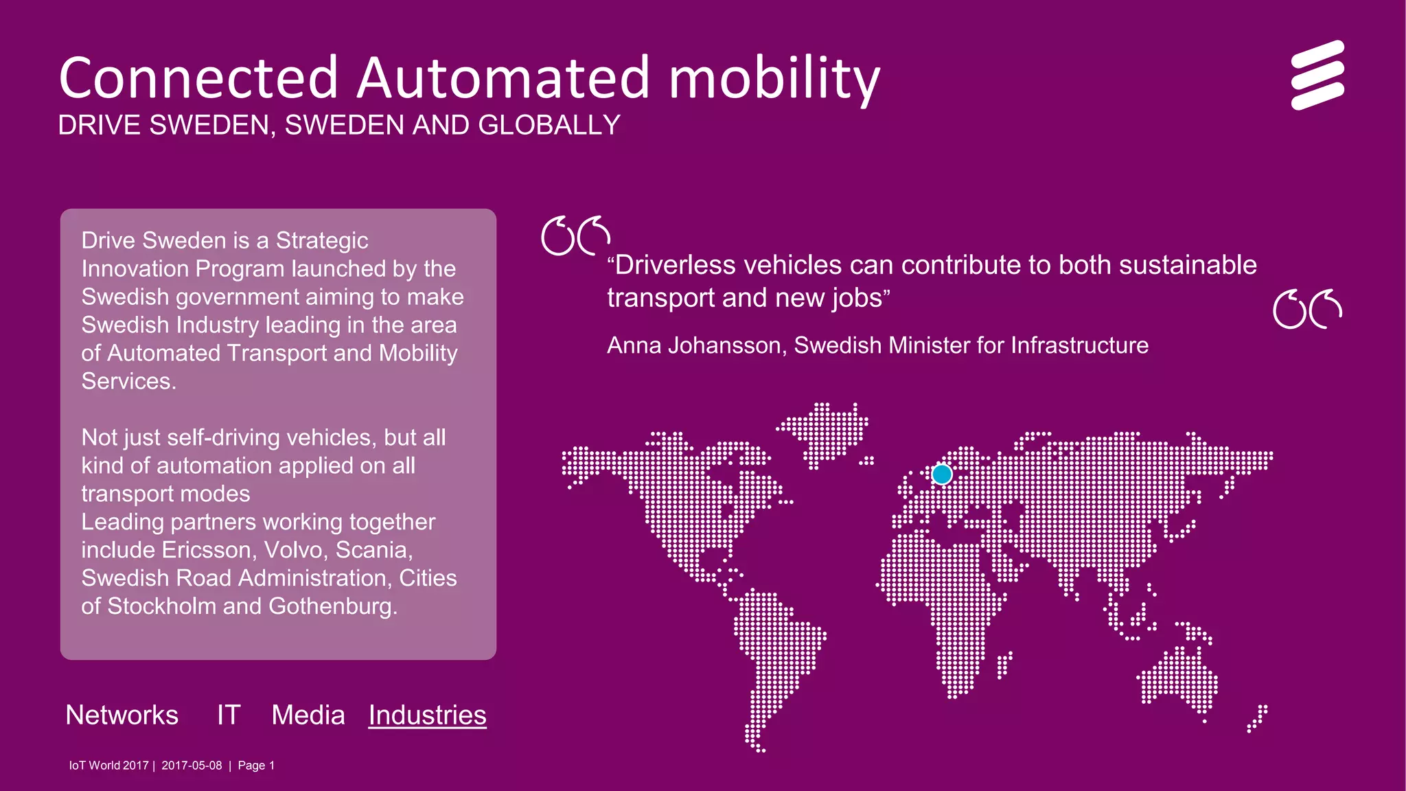 IoT World 2017 | 2017-05-08 | Page 1
Connected Automated mobility
DRIVE SWEDEN, SWEDEN AND GLOBALLY
Drive Sweden is a Strategic
Innovation Program launched by the
Swedish government aiming to make
Swedish Industry leading in the area
of Automated Transport and Mobility
Services.
Not just self-driving vehicles, but all
kind of automation applied on all
transport modes
Leading partners working together
include Ericsson, Volvo, Scania,
Swedish Road Administration, Cities
of Stockholm and Gothenburg.
“Driverless vehicles can contribute to both sustainable
transport and new jobs”
Anna Johansson, Swedish Minister for Infrastructure
Networks IT Media Industries
IoT World 2017 | 2017-05-08 | Page 1