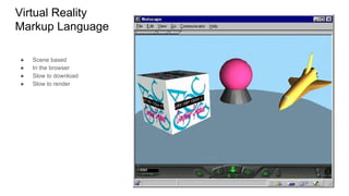 Virtual Reality
Markup Language
● Scene based
● In the browser
● Slow to download
● Slow to render
 