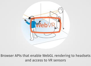Browser APIs that enable WebGL rendering to headsets
and access to VR sensors
 