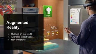 Augmented
Reality
● Overlaid on real world
● Anchored to real world
● Non-immersive
 