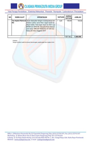 NO NAMA ALAT SPESIFIKASI
HARGA
SATUAN
JUMLAHSATUAN
Tas Implant Removal
Kit
Ukuran disesuaikan dengan isi barang terbuat da...