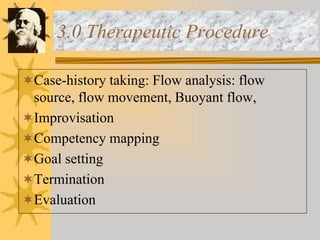 3.0 Therapeutic Procedure
Case-history taking: Flow analysis: flow
source, flow movement, Buoyant flow,
Improvisation
Competency mapping
Goal setting
Termination
Evaluation
 