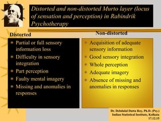 Distorted and non-distorted Murto layer (locus
of sensation and perception) in Rabindrik
Psychotherapy
Distorted
 Partial or full sensory
information loss
 Difficulty in sensory
integration
 Part perception
 Faulty mental imagery
 Missing and anomalies in
responses
Non-distorted
 Acquisition of adequate
sensory information
 Good sensory integration
 Whole perception
 Adequate imagery
 Absence of missing and
anomalies in responses
Dr. Debdulal Dutta Roy, Ph.D. (Psy.)
Indian Statistical Institute, Kolkata
17.12.15
 