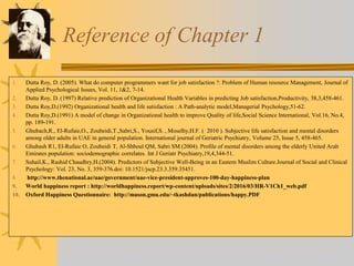 Reference of Chapter 1
1. Dutta Roy, D. (2005). What do computer programmers want for job satisfaction ?: Problem of Human resource Management, Journal of
Applied Psychological Issues, Vol. 11, 1&2, 7-14.
2. Dutta Roy, D. (1997) Relative prediction of Organizational Health Variables in predicting Job satisfaction,Productivity, 38,3,458-461.
3. Dutta Roy,D.(1992) Organizational health and life satisfaction : A Path-analytic model,Managerial Psychology,51-62.
4. Dutta Roy,D.(1991) A model of change in Organizational health to improve Quality of life,Social Science International, Vol.16, No.4,
pp. 189-191.
5. Ghubach,R., El-Rufaie,O., Zoubeidi,T.,Sabri,S., Yousif,S. , Moselhy,H.F. ( 2010 ). Subjective life satisfaction and mental disorders
among older adults in UAE in general population. International journal of Geriatric Psychiatry, Volume 25, Issue 5, 458-465.
6. Ghubash R1, El-Rufaie O, Zoubeidi T, Al-Shboul QM, Sabri SM (2004). Profile of mental disorders among the elderly United Arab
Emirates population: sociodemographic correlates. Int J Geriatr Psychiatry,19,4,344-51.
7. Suhail,K., Rashid Chaudhry,H.(2004). Predictors of Subjective Well-Being in an Eastern Muslim Culture.Journal of Social and Clinical
Psychology: Vol. 23, No. 3, 359-376.doi: 10.1521/jscp.23.3.359.35451.
8. http://www.thenational.ae/uae/government/uae-vice-president-approves-100-day-happiness-plan
9. World happiness report : http://worldhappiness.report/wp-content/uploads/sites/2/2016/03/HR-V1Ch1_web.pdf
10. Oxford Happiness Questionnaire: http://mason.gmu.edu/~tkashdan/publications/happy.PDF
 