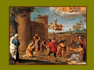 ▬▬ En la muerte de Esteban actuó como testigo.
Esteban era de lo siete helenistas nazarenos que
estaban al frente de su comunidad. Predicó con
valentía ante los otros helenistas que Jesús era el
Mesías que había traído la salvación y relativizó el
papel de la Ley mosaica y del templo. Por eso lo
persiguen a muerte y lo condenan a muerte por
lapidación. Hacía falta un testigo cualificado y
Saulo se ofreció para serlo:
 