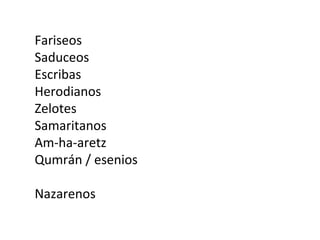  
Fariseos
Saduceos
Escribas
Herodianos
Zelotes
Samaritanos
Am-ha-aretz
Qumrán / esenios
Nazarenos
 
 
