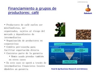 CONFIDENCIAL




   Financiamiento a grupos de
   productores: café


• Productores de café suelen ser
minifundistas, no-
organizados, sujetos al riesgo del
mercado y dependientes de
intermediarios
• Organización de productores en
cooperativas
• Crédito pre-cosecha para
facilitar exportación directa
• Contratos parte de la garantía
    • Hemos usado prendas también
    en otros casos
• En este caso se operó a través de
intermediarios financieros locales
dándoles un garantía                  Food & Agribusiness Research and Advisory
 