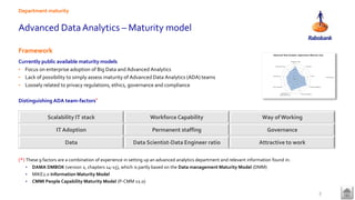 Advanced DataAnalytics – Maturity model
Framework
Currently public available maturity models
• Focus on enterprise adoption of Big Data and Advanced Analytics
• Lack of possibility to simply assess maturity of Advanced Data Analytics (ADA) teams
• Loosely related to privacy regulations, ethics, governance and compliance
Distinguishing ADA team-factors*
(*) These 9 factors are a combination of experience in setting up an advanced analytics department and relevant information found in:
• DAMA DMBOK (version 2, chapters 14-15), which is partly based on the Data management Maturity Model (DMM)
• MIKE2.0 Information Maturity Model
• CMMI People Capability Maturity Model (P-CMM v2.0)
Department maturity
7
Scalability IT stack Workforce Capability Way of Working
IT Adoption Permanent staffing Governance
Data Data Scientist-Data Engineer ratio Attractive to work
 