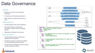 Data Governance
Objectives
• Maintain control over your streaming
landscape
• Promote reuse of existing data streams
• Allow stream and schema versions to co-
exist
Stream Governance
• Central repository with stream definitions
• Administers stream properties like
ownership, retention time and message
formats
• Deployable to different environments
Schema Governance
• Central repository where schemas are
registered and maintained
• Contains all versions of schema and allows
for comprehensible schema evolution
• Confluent Schema Registry enforces schema
as data contracts at runtime
 