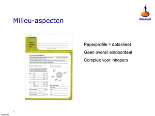 8
1902092
Milieu-aspecten
Paperprofile = datasheet
Geen overall eindoordeel
Complex voor inkopers
 