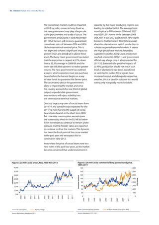 42 | Rabobank Outlook 2012—Down, But Not Out




                                                         The cocoa bean market could be impacted                                                 capacity by the major producing regions was
                                                         in 2012 by policy moves in Ivory Coast as                                               leading to a global deficit. The average front-
                                                         the new government may play a larger role                                               month price in NY between 2004 and 2007
                                                         in the procurement and trade of cocoa. The                                              was USD 1,591/tonne while between 2008
                                                         government announced in early November                                                  and 2011 it was USD 2,826/tonne, 78% higher.
                                                         2011 that farmers will receive a guaranteed                                             Concerns that farmers in West Africa would
                                                         cocoa bean price of between 50% and 60%                                                 abandon plantations or switch production to
                                                         of the international terminal price. This is                                            rubber supported terminal markets. It seems
                                                         not expected to have a significant impact as                                            the high prices have worked; helped by
                                                         grower prices are already at or above these                                             supportive weather, Ivory Coast production
                                                         levels. The Ivory Coast government has stated                                           reached a record in 2010/11, and government
                                                         that the export tax is capped at 22%, down                                              officials say a large crop is also expected for
                                                         from a 25.3% average in 2008/09, and the                                                2011/12. Even with the positive impacts of
                                                         lower tax will allow growers to realise greater                                         La Niña, production would not reach such
                                                         returns. The new government has outlined                                                levels if plantations had been abandoned
                                                         a plan in which exporters must pre-purchase                                             or switched to rubber. Price signals have
                                                         beans before the harvest begins as a way                                                increased output, and alongside supportive
                                                         to have funds to guarantee the farmer price.                                            weather, this is a bearish outcome in a world
                                                         The uncertainty about the government’s                                                  eating only marginally more chocolate.
                                                         plans is impacting the market, and since
                                                         the country accounts for one-third of global
                                                         output, unpredictable government
                                                         interventions will inject volatility into
                                                         the international terminal markets.
                                                         Due to a large carry-over of cocoa beans from
                                                         2010/11 and sizeable crops expected for the
                                                         2011/12 main harvest, the supply of cocoa
                                                         beans looks bearish in the short term. With
                                                         flat chocolate consumption, we anticipate
                                                         the butter ratio, which in the EU fell to below
                                                         1.0 in November, to continue to remain under
                                                         pressure in 2012. Powder ratios are expected
                                                         to continue to drive the markets. This dynamic
                                                         has been the focal point of the cocoa market
                                                         in the past year and we expect this to
                                                         continue in early 2012.

                                                         In our view, the price of cocoa beans rose to a
                                                         new norm in the past four years, as the market
                                                         became concerned that underinvestment in




  Figure 3.23: NY Cocoa prices, Nov 2000-Nov 2011                                                         Figure 3.24: NY Cocoa commercial long position and price,
                                                                                                          1995-2011
              4,000                                                                                                            160                                                                             4,000
              3,500                                                                                                            140                                                                             3,500

              3,000                                                                                                            120                                                                             3,000
                                                                                                          thousand contracts
  USD/tonne




                                                                                                                               100                                                                             2,500
                                                                                                                                                                                                                       USD/tonne




              2,500

              2,000                                                                                                             80                                                                             2,000
                                                                                                                                60                                                                             1,500
              1,500
                                                                                                                                40                                                                             1,000
              1,000
                                                                                                                                20                                                                              500
               500
                                                                                                   2011
                             2001
                      2000




                                    2002

                                           2003

                                                  2004


                                                         2005

                                                                2006

                                                                       2007


                                                                              2008

                                                                                     2009


                                                                                            2010




                                                                                                                                 0                                                                                0
                                                                                                                                                                                                        2011
                                                                                                                                                            2001
                                                                                                                                  1995

                                                                                                                                         1997


                                                                                                                                                 1999




                                                                                                                                                                   2003


                                                                                                                                                                               2005


                                                                                                                                                                                       2007


                                                                                                                                                                                               2009




                 NY cocoa price              4-year average                                                                      Commercial long position                 NY front month cocoa price (RHS)

  Source: Bloomberg, Rabobank, 2011                                                                       Source: Rabobank, CFTC, 2011
 