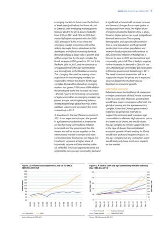 Section 2 Key themes for agri markets in 2012 | 7




                                                                         emerging markets to hover near the bottom                                                                  is significant as household incomes increase
                                                                         of levels seen just before the financial crisis                                                            and demand changes from staple grains to
                                                                         of 2008/09, with emerging-market growth                                                                    more protein from meat. The higher share
                                                                         forecast at 6.5% for 2012, down modestly                                                                   of income devoted to food in China is also a
                                                                         from 6.9% in 2011 and 7.8% in 2010, but                                                                    threat as higher prices can result in significant
                                                                         modestly higher compared with the 2000-                                                                    demand destruction. The ongoing
                                                                         2005 average of 6.0%. In our view, the                                                                     demographic and agricultural conversion
                                                                         emerging-market economies will not be                                                                      from a rural population and fragmented
                                                                         able to decouple from a slowdown in the                                                                    production to an urban population and
                                                                         developed world, but increasing domestic                                                                   intensive food production will continue in
                                                                         demand will play a larger role in growth and                                                               2012. Domestic inflation of food prices is
                                                                         will be supportive for the agri complex. For                                                               forecast to ease in 2012 as international agri
                                                                         Brazil, we expect GDP growth in 2012 of 3.6%,                                                              commodity prices fall. This is likely to support
                                                                         flat from 3.6% in 2011, and we continue to                                                                 further increases in demand in China. In our
                                                                         see global demand for agri commodities                                                                     view, elevated agri commodity prices resulted
                                                                         as a driving force in the Brazilian economy.                                                               in Chinese government destocking in 2011.
                                                                         The changing diets and increasing urban                                                                    The need to restock inventories will be a
                                                                         population in the emerging markets are                                                                     supportive impact for prices and is expected
                                                                         expected to remain the drivers for the agri                                                                to occur despite the modest forecast
                                                                         complex. Demand for oilseeds in emerging                                                                   downturn in economic growth.
                                                                         markets has grown 110% since 1999 while in
                                                                                                                                                                                    Doomsday outcome
                                                                         the developed world the increase has been
                                                                                                                                                                                    Rabobank views the likelihood of a recession
                                                                         12% (see Figure 2.3). Increasing consumption
                                                                                                                                                                                    or major contraction of the Chinese economy
                                                                         of agri commodities in emerging markets has
                                                                                                                                                                                    in 2012 as very slim. However, a contraction
                                                                         played a major role in tightening balance
                                                                                                                                                                                    would have major consequences for both the
                                                                         sheets despite large global harvests in the
                                                                                                                                                                                    global economy and the agri commodity
                                                                         past two seasons, and we expect this trend
                                                                                                                                                                                    complex. Given the Chinese government’s
                                                                         to continue in 2012.
                                                                                                                                                                                    readiness to spend vast reserves to
                                                                         A slowdown in the key Chinese economy in                                                                   support the economy and to acquire agri
                                                                         2012 is not expected to impact the growth                                                                  commodities to alleviate high domestic prices
                                                                         in agri commodity demand as inventories                                                                    and avert social unrest, we would expect
                                                                         are low for many commodities, inflation                                                                    the agri complex to remain supported even
                                                                         is elevated and the government has the                                                                     in the case of slower-than-anticipated
                                                                         means and will to secure supplies on the                                                                   economic growth. A hard landing for China
                                                                         international market to temper and even                                                                    would have profound negative impacts on
                                                                         control domestic food prices (see Figure 2.4).                                                             the agri complex, but any contraction event
                                                                         Food costs represent a higher share of                                                                     would likely only have short-term impacts
                                                                         household income in China relative to the                                                                  on the market.
                                                                         US or the EU. This is an opportunity since the
                                                                         potential to increase agri commodity demand




Figure 2.3: Oilseed consumption EU and US vs. BRICs,                                                                              Figure 2.4: Global GDP and agri commodity demand indexed,
1999/00-2011/12f                                                                                                                  Dec 1986-Dec 2010
                 160                                                                                                                               300                                                                                                                             500
                 150                                                                                                                                                                                                                                                               450
                 140                                                                                                                               250                                                                                                                             400
                 130                                                                                                                                                                                                                                                               350
million tonnes




                                                                                                                                  Dec 1986 = 100




                                                                                                                                                                                                                                                                                         Dec 1986 = 100




                 120                                                                                                                               200                                                                                                                             300
                 110                                                                                                                                                                                                                                                               250
                 100                                                                                                                               150                                                                                                                             200
                  90                                                                                                                                                                                                                                                               150
                  80                                                                                                                               100                                                                                                                             100
                  70                                                                                                                                                                                                                                                                50
                  60                                                                                                                                50                                                                                                                               0
                                                                                                                                                         Dec-86

                                                                                                                                                                  Dec-88

                                                                                                                                                                           Dec-90

                                                                                                                                                                                      Dec-92

                                                                                                                                                                                               Dec-94

                                                                                                                                                                                                        Dec-96

                                                                                                                                                                                                                    Dec-98

                                                                                                                                                                                                                             Dec-00

                                                                                                                                                                                                                                      Dec-02

                                                                                                                                                                                                                                               Dec-04

                                                                                                                                                                                                                                                        Dec-06

                                                                                                                                                                                                                                                                 Dec-08

                                                                                                                                                                                                                                                                          Dec-10
                       99/00

                               00/01

                                       01/02

                                                 02/03

                                                         03/04

                                                                 04/05

                                                                         05/06

                                                                                 06/07

                                                                                         07/08

                                                                                                 08/09

                                                                                                         09/10

                                                                                                                 10/11

                                                                                                                         11/12f




                                                                                                                                                     Corn demand                               Soybeans demand
                   US and EU                   BRICs                                                                                                 Sugar demand                              Global GDP (RHS)

Source: Rabobank, USDA, 2011                                                                                                      Source: USDA, Rabobank, IMF, 2011
 