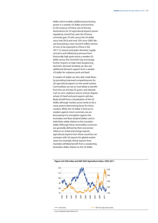 Section 2 Key themes for agri markets in 2012 | 11




dollar, which enables additional purchasing
power in a weaker US dollar environment.
In the instance of China, one of the key
destinations for US agricultural exports, looser
regulatory control has seen the Chinese
renminbi gain 7%-8% versus the US dollar
since mid-2010 and over 23% since 2005. We
are forecasting a near-record 4 million tonnes
of corn to be exported to China in the
2011/12 season and, given domestic supply
concerns and inflationary pressure from
historically high grain prices, a weaker US
dollar versus the renminbi may encourage
further imports to help meet burgeoning
domestic demand. Similarly, we also see
additional demand support from a weaker
US dollar for soybeans, pork and beef.

A weaker US dollar can also alter trade flows
by providing improved competitiveness for
US agricultural exports on the world market.
Commodities we see as most likely to benefit
from this are the key US grains and oilseeds
such as corn, soybeans and, to a lesser degree,
wheat. US beef and pork exports will also
likely benefit from a devaluation of the US
dollar, although market access tends to be a
more potent determining factor for these
markets. While the US dollar is forecast to
weaken against most currencies, we are
forecasting it to strengthen against the
Australian and New Zealand dollars and to
hold fairly stable relative to the Canadian
dollar. Although these commodity currencies
are generally defined by their economies’
reliance on metal and energy exports,
agricultural exports from these countries can
compete with US exports for global market
share. For example, wheat exports from
Australia will likely benefit from a weakening
Australian dollar relative to the US dollar.




 Figure 2.8: USD index and S&P GSCI Agriculture Index, 1993-2011


     120
                                                                                  550
     110
                                                                                  450
     100
                                                                                  350
      90

                                                                                  250
      80

      70                                                                          150
                                        2001




                                                                           2011
           1993

                   1995

                          1997

                                 1999




                                               2003

                                                      2005

                                                             2007

                                                                    2009




       USD index                                               S&P GSCI Agriculture Index

 Source: Rabobank, Bloomberg, 2011
 