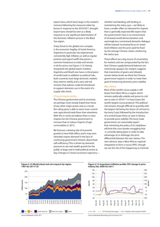 Section 2 Key themes for agri markets in 2012 | 15




                                                 export bans, which loom large in the market’s                              whether hard landing, soft landing or
                                                 memory following the measures taken by                                     maintaining the status quo—are likely to
                                                 Russia in response to the 2010/2011 drought.                               have a smaller effect on demand for imports
                                                 Export bans should be seen as a likely                                     than is generally expected. We expect that
                                                 response to any significant deterioration of                               the government’s bias in an environment
                                                 the domestic inflation picture in the Black                                of renewed world democratisation and
                                                 Sea region.                                                                seemingly less constrained domestic dialogue
                                                                                                                            will be towards increasing focus on street-
                                                 A key threat to the global corn complex
                                                                                                                            level inflation and the price paid for food
                                                 is the economic fragility of South America.
                                                                                                                            by the average Chinese citizen, reinforcing
                                                 Argentina in particular has experienced
                                                                                                                            the status quo.
                                                 consistently high inflation, as well as regular
                                                 protests and export tariffs that prove a                                   These effects are a big source of uncertainty
                                                 common hindrance to trade and remain                                       for markets and are compounded by the fact
                                                 a risk for prices (see Figure 2.13). Having                                that Chinese supply/demand balances are
                                                 integrated into global export markets,                                     notoriously opaque. Our analysis suggests
                                                 Argentina and Brazil now have a critical piece                             that inventories of grains and oilseeds
                                                 of world trade. In addition to political risks,                            remain below levels we think the Chinese
                                                 both countries have large domestic markets                                 government expects in order to meet their
                                                 they need to satisfy, and a very real risk                                 goal of enhancing domestic price stability.
                                                 remains that policies could be introduced
                                                                                                                            West Africa
                                                 to support domestic use in the event of a
                                                                                                                            Most of the world’s cocoa supply is still
                                                 supply-side shock.
                                                                                                                            drawn from West Africa, a region which
                                                 Chinese import policy                                                      remains politically volatile and prone to civil
                                                 The Chinese government and its economy                                     war as seen in 2010/11 in Ivory Coast, the
                                                 are perhaps more closely linked than those                                 world’s largest cocoa producer. This political
                                                 of any other major power and, as a result,                                 risk remains, though difficult to quantify, with
                                                 the ruling party is able to exert more control                             the largest risk being the return of civil war to
                                                 over agricultural trade flows than elsewhere.                              the Ivory Coast, followed by the introduction
                                                 With this in mind, we believe there is more                                of a central buyer there, as seen in Ghana,
                                                 impetus for the Chinese government to                                      to provide price stability. The Ivory Coast
                                                 increase than to reduce imports of agri                                    government can reasonably expect
                                                 commodities in 2012.                                                       that mimicking the policy of its neighbour
                                                                                                                            will limit the cross-border smuggling that
                                                 We forecast a slowing rate of economic
                                                                                                                             is currently taking place in order to take
                                                 growth to have little effect, and it may even
                                                                                                                            advantage of, or arbitrage, the price
                                                 stimulate import demand in the face of
                                                                                                                            differential between the two nations. The
                                                 continuing government rhetoric about food
                                                                                                                            next obvious step is West African regional
                                                 self-sufficiency. This is driven by domestic
                                                                                                                            integration to form a cocoa OPEC, though
                                                 pressure to see real wealth growth for the
                                                                                                                            we see the risk of this happening as minimal.
                                                 public at large and to hold political unrest at
                                                 bay. Changes in China’s economic trajectory—



Figure 2.12: World wheat and corn exports by region,                                 Figure 2.13: Argentina’s inflation profile, YOY change in price
1961/62-2011/12f                                                                     indices, Dec 2000-Oct 2011
                                                                                               140                                                                                                                                  300
                 250
                                                                                               120                                                                                                                                  250
                 200                                                                           100                                                                                                                                  200
                                                                                                80                                                                                                                                  150
million tonnes




                                                                                     percent




                                                                                                                                                                                                                                          percent




                 150
                                                                                                60                                                                                                                                  100

                 100                                                                            40                                                                                                                                   50
                                                                                                20                                                                                                                                   0
                  50                                                                             0                                                                                                                                  -50
                                                                                               -20                                                                                                                             -100
                      0
                                                                                                               Oct-01




                                                                                                                                                                                                                           Oct-11
                          11/12f
                           61/62
                           63/64
                           65/66
                           67/68
                           69/70
                           71/72
                           73/74
                           75/76
                           77/78
                           79/80
                           81/82
                           83/84
                           85/86
                           87/88
                           89/90
                           91/92
                           93/94
                           95/96
                           97/98
                           99/00
                           01/02
                           03/04
                           05/06
                           07/08
                           09/10




                                                                                                      Dec-00


                                                                                                                        Aug-02
                                                                                                                                 Jun-03
                                                                                                                                          Apr-04
                                                                                                                                                   Feb-05
                                                                                                                                                            Dec-05
                                                                                                                                                                     Oct-06
                                                                                                                                                                              Aug-07
                                                                                                                                                                                       Jun-08
                                                                                                                                                                                                Apr-09
                                                                                                                                                                                                         Feb-10
                                                                                                                                                                                                                  Dec-10




                 US       EU   South America   Black Sea region   Other                         CPI                     CPI: Food and beverages                                  Big Mac Index Argentina (RHS)

Source: Rabobank, USDA, 2011                                                         Source: Rabobank, Bloomberg, The Economist, 2011
 