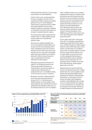 Section 3 Agri Commodity Outlooks: Corn | 27




                                                                              USD 6.00 will hold until 2012/13 crop acreage                                                reach 5.2 billion bushels as corn acreage is
                                                                              and conditions are well established.                                                         expanded at the expense of soybeans, with
                                                                                                                                                                           our forecast near-term futures price ratio
                                                                              Further out the curve, our downward bias
                                                                                                                                                                           between the two commodities continuing
                                                                              for prices strengthens with the 2012/13
                                                                                                                                                                           to favour corn. Given unchanged oil prices,
                                                                              marketing year likely to produce the largest
                                                                                                                                                                           ethanol production should remain near
                                                                              global corn crop on record. Rabobank
                                                                                                                                                                           capacity and meet our forecast, as corn
                                                                              projects that an equal record of 93.5 million
                                                                                                                                                                           remains in the USD 6.00/bushel to
                                                                              acres will be planted in the US, further
                                                                                                                                                                           USD 7.00/bushel range. Our base-case
                                                                              displacing soybeans as producers capitalise
                                                                                                                                                                           economic growth assumptions would,
                                                                              on strong price incentives and increase corn
                                                                                                                                                                           without increased disturbance in the
                                                                              acreage in marginal production regions.
                                                                                                                                                                           Middle East, see Brent Crude oil prices stay
                                                                              Our state-by-state models suggest that the                                                   in the USD 100/barrel to USD 110/barrel
                                                                              majority of the 1.7 million planted acreage                                                  range during 2012.
                                                                              increase will be from nontraditional
                                                                                                                                                                           US corn export sales, with a strong pace
                                                                              producer states.
                                                                                                                                                                           set for 2011/12, should be supported by a
                                                                              We forecast an additional 850,000 acres                                                      weakening US dollar. We forecast exports
                                                                              of corn to be planted in North Dakota as it                                                  to be 1.62 billion bushels, 25 million bushels
                                                                              recovers from the severe flooding of 2011.                                                   ahead of current USDA expectations. There
                                                                              There is significant income risk as farmers                                                  remains a risk that sales are cancelled as
                                                                              planting corn for the first time receive crop                                                buyers switch to cheaper origins once crops
                                                                              insurance returns in line with county yields                                                 are more certain. Structural factors such
                                                                              rather than proven yields. This uncertainty,                                                 as China’s ability to import only US corn
                                                                              along with resilient spring wheat prices,                                                    as well as geographical advantages in
                                                                              caps our expectation of increased                                                            exporting to Mexico, where a drought is
                                                                              substitution in North Dakota.                                                                forecast to have reduced the 2011/12
                                                                                                                                                                           expected crop by 3.5 million tonnes from
                                                                              Although a long way off, we forecast US
                                                                                                                                                                           prior USDA estimates, should support
                                                                              yields of 154 bushels/acre based on our
                                                                                                                                                                           export sales in Q1 2012.
                                                                              state-by-state model. This figure was
                                                                              impacted by the increased acreage from                                                       Rabobank forecasts that the USDA will
                                                                              marginal states. Following this, our                                                         have to increase feed demand to 4.7 billion
                                                                              production forecast is 13.25 billion bushels,                                                bushels from the current 4.6 billion bushel
                                                                              a 7.9% increase on our 2011/12 forecast.                                                     estimate. The November WASDE report
                                                                                                                                                                           stated that the USDA has underestimated
                                                                              We forecast a record 5.1 billion bushels of
                                                                                                                                                                           US domestic corn demand in 20 out of
                                                                              corn to be used in ethanol production
                                                                                                                                                                           30 years of analysis, which Rabobank
                                                                              during the 2011/12 marketing year as
                                                                                                                                                                           considers worth highlighting. The average
                                                                              distillers operate on strong margins at full
                                                                                                                                                                           error is 215 million bushels. This supports
                                                                              pace despite the risk caused by the imminent
                                                                                                                                                                           our view that domestic use estimates will
                                                                              withdrawal of the blender’s credit. Corn use
                                                                                                                                                                           be increased in the new year. We forecast
                                                                              for ethanol production in 2012/13 is likely to
                                                                                                                                                                           4.5 billion bushels of US feed demand in


Figure 3.5: US corn planted area and yield, 2000/01-2012/13f                                                                                         Figure 3.6: Matrix of estimated ethanol production profitability
                                                                                                                                                     (in USD/gallon)
                100                                                                                                             170
                                                                                                                                                     Brent crude price
                                                                                                                                                                                          80          90        100        110       120
                 95                                                                                                             160                  (USD/barrel)
                                                                                                                                                     Ethanol price1
                                                                                                                                                                                         2.05        2.28      2.52       2.76       2.99
                                                                                                                                      bushels/acre
million acres




                 90                                                                                                             150                  (USD/gallon)

                 85                                                                                                             140                                           5.5        0.03        0.27       0.50       0.74      0.98
                 80                                                                                                             130
                                                                                                                                                                              6.0        -0.15       0.08       0.32       0.56      0.79
                 75                                                                                                             120                  Corn price
                                                                                                                                                     (USD/bushel)
                                                                                                                                                                              6.5        -0.34      -0.10       0.13       0.37      0.61
                 70                                                                                                             110
                      00/01




                                                                                                      10/11
                              01/02
                                      02/03
                                              03/04
                                                      04/05
                                                              05/06
                                                                      06/07
                                                                              07/08
                                                                                      08/09
                                                                                              09/10


                                                                                                              11/12f
                                                                                                                       12/13f




                                                                                                                                                                              7.0        -0.52      -0.29      -0.05       0.19      0.42
                                                                                                                                                     1
                                                                                                                                                      RBOB gasoline/Brent crude relationship based upon OLS regression
                                                                                                                                                     Figure assumes a DDG price of USD 220/tonne and an RBOB gasoline/ethanol spread of
                                                                                                                                                     USD 0.10/gallon.
                 Area planted                  Yield (RHS)

Source: Rabobank, USDA, 2011                                                                                                                         Source: Bloomberg, USDA, Rabobank
 