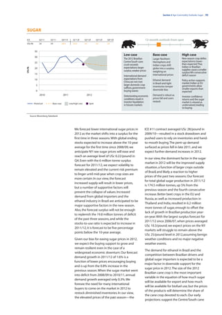 Section 3 Agri Commodity Outlooks: Sugar | 35




SUGAR

ICE               Q2’11      Q3’11         Q4’11f      Q1’12f       Q2’12f      Q3’12f   Q4’12f                       12-month outlook from spot
USc/lb            24         29            24.5        23.5         23          22       22


             35
                                                                                                  Low case                  Base case                  High case
             30
                                                                                                  The 2012 Brazilian        Larger Northern            New season crop defies
             25                                                                                   Centre/South cane         Hemisphere and             expectations; lower-
                                                                                                  crush exceeds             Indian crops shift         than-expected Thai,
                                                                                                  expectations: larger                                 Indian or Brazilian
USc/lb




             20                                                                                                             globe into a surplus,
                                                                                                  surplus, weaker prices                               supplies cause a smaller
                                                                                                                            weighing on                surplus/4th consecutive
             15                                                                                                             international prices
                                                                                                  International demand                                 deficit season
             10                                                                                   expectations from         Ethanol demand              Policy action supports
                                                                                                  China are not met:                                    market; Indian or EU
                                                                                                                            in Brazil and tight
              5                                                                                   larger domestic crop                                  governments allow
                                                                                                  suffices, government-     inventories temper
                                                                                                                            downside bias               smaller exports than
              0                                                                                   buying wanes                                          expected
                  2010                      2011                     2012                         Deteriorating economic    Demand is robust as
                                                                                                                                                        Investor confidence
                                                                                                  conditions result in      prices fall and users       returns and the sugar
                                                                                                  investor liquidation      restock                     market is viewed as
            Historical         Base case            Low/high case        Spot
                                                                                                  in futures markets                                    undervalued, leading
                                                                                                                                                        to buying

         Source: Bloomberg, Rabobank




                                                         We forecast lower international sugar prices in              ICE #11 contract averaged USc 28/pound in
                                                         2012 as the market shifts into a surplus for the             2009/10—resulted in a stock drawdown and
                                                         first time in three seasons. With global ending              pushed users to rely on inventories and hand-
                                                         stocks expected to increase above the 10-year                to-mouth buying. The pent-up demand
                                                         average for the first time since 2008/09, we                 surfaced as prices fell in late 2011, and we
                                                         anticipate NY raw sugar prices will ease and                 expect further demand increases in 2012.
                                                         reach an average level of USc 0.22/pound in
                                                                                                                      In our view, the dominant factor in the sugar
                                                         Q4. Even with the 6 million tonne surplus
                                                                                                                      market in 2012 will be the improved supply
                                                         forecast for 2011/12, we expect volatility to
                                                                                                                      situation, a function of larger crops outside
                                                         remain elevated and the current risk premium
                                                                                                                      of Brazil, and likely a reaction to higher
                                                         to linger until mid-year when crop sizes are
                                                                                                                      prices of the past two seasons. Our forecast
                                                         more certain. In our view, the forecast
                                                                                                                      for total global sugar production in 2011/12
                                                         increased supply will result in lower prices,
                                                                                                                      is 174.5 million tonnes, up 5% from the
                                                         but a number of supportive factors will
                                                                                                                      previous season and the fourth consecutive
                                                         prevent the collapse of values. Increased
                                                                                                                      increase. Better beet crops in the EU and
                                                         demand from global importers and the
                                                                                                                      Russia, as well as increased production in
                                                         ethanol industry in Brazil are anticipated to be
                                                                                                                      Thailand and India, resulted in 6.2 million
                                                         major supportive factors in the new season.
                                                                                                                      more tonnes of sugar, enough to offset the
                                                         Also, the forecast surplus will not be enough
                                                                                                                      lack of growth in Brazilian production year-
                                                         to replenish the 19.8 million tonnes of deficit
                                                                                                                      on-year. With the largest surplus forecast for
                                                         of the past three seasons, and while the
                                                                                                                      2011/12 since 2006/07, when prices averaged
                                                         stocks-to-use ratio is expected to increase in
                                                                                                                      USc 10.3/pound, we expect prices on the NY
                                                         2011/12, it is forecast to be five percentage
                                                                                                                      markets will struggle to remain above the
                                                         points below the 10-year average.
                                                                                                                      USc 25/pound level in 2012,assuming benign
                                                         Given our bias for easing sugar prices in 2012,              weather conditions and no major negative
                                                         we expect the buying support to grow and                     weather events.
                                                         remain resilient even in the case of a
                                                                                                                      The demand for ethanol in Brazil and the
                                                         widespread economic downturn. Our forecast
                                                                                                                      competition between Brazilian drivers and
                                                         demand growth in 2011/12 of 1.6% is a
                                                                                                                      global sugar importers is expected to be a
                                                         function of lower prices encouraging buying
                                                                                                                      major factor in downside support for the
                                                         and is up from the 0.8% increase in the
                                                                                                                      sugar price in 2012. The size of the 2012
                                                         previous season. When the sugar market went
                                                                                                                      Brazilian cane crop is the most important
                                                         into deficit from 2008/09 to 2010/11, annual
                                                                                                                      variable in the equation of how much sugar
                                                         demand growth averaged only 0.3%. We
                                                                                                                      will be available for export and how much
                                                         foresee the need for many international
                                                                                                                      will be available for biofuel use, but the prices
                                                         buyers to come on the market in 2012 to
                                                                                                                      of the products will determine the share of
                                                         restock diminished inventories. In our view,
                                                                                                                      the cane crop devoted to each. Our early
                                                         the elevated prices of the past season—the
                                                                                                                      projections suggest the Centre/South cane
 