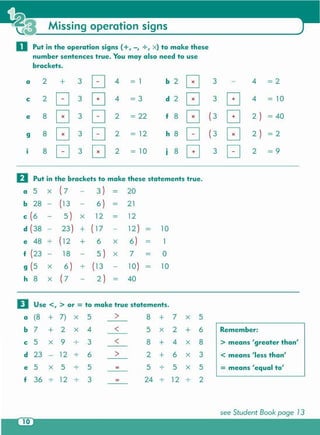 see Student Book page 13
D Use <, > or = to make true statements.
a (8 + 7) X 5 > 8 + 7 X 5
b 7 + 2 X 4 < 5 X 2 + 6 Remember:
c 5 X 9 3 < 8 + 4 X 8 > means 'greater than'
d 23 12 6 > 2 + 6 X 3 < means 'less than'
e 5 X 5 5 - 5 5 X 5 = means' equal to'
f 36 12 3 - 24 12 . 2
IIPut in the brackets to make these statements true .
a 5 X ( 7 3 ) - 20
b 28 (13 6) - 21
c (6 5 ) X 12 - 12
d (38 23) + (17 12) - 10
e 48 (12 + 6 X 6) - 1
f (23 18 5 ) X 7 - 0
g (5 X 6) (13 10) - 10
h 8 X (7 2 ) - 40
Missing operation signs
0 Put in the operation signs (+, -, +, x) to make these
number sentences true. You may also need to use
brackets.
a 2 + 3 [J 4 =1 b 2
0 3 4 =2
c 2 [J 3 8 4 =3 d 2
0 3 8 4 =10
e 8 0 3 [J 2 = 22 f 8
0 (3 8 2 ) = 40
g 8 0 3 [J 2 =12 h 8 [J (3 0 2 ) =2
•
8 [J 3 0 2 =10 •
8 G 3 [J 2 =9I J
 