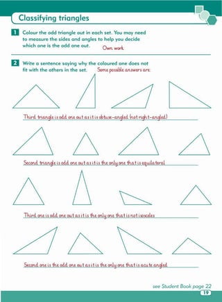 Second. one is fue odd. one out as it is fue only one fua tis acu te angled.
Tlurd one is od.d.one outas it is th.e only one th.a t is not isosceles
Second triangle is odd. one out as it is fue only one fua tis e.a._u.ilateral
Th.ird. triangle is odd one outas it is obtu.se-angled. (not righ.t-anglecl)
o Write a sentence saying why the coloured one does not
fit with the others in the set . Some possibleanswers are:
o Colour the odd triangle out in each set . You may need
to measure the sides and angles to help you decide
which one is the odd one out. 0 ..L
wn won.
Classifying triangles
 