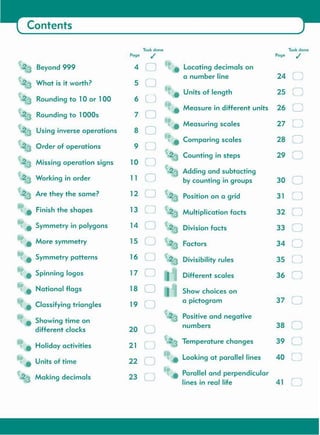 Task done Taskdone
Page ./ Page ./
-2~ Beyond 999 4 0 Ii• Locating decimals on...3
Ca number line 24
~~ What is it worth? 5 0
It.Units of length 25
("""1
..__)
{~aRounding to 10 or 100 6 (_)
It• Measure in different units 26
r=>;
~
~3 Rounding to 1000s 7 0~-
~. Measuring scales 27
("""1
<::.
~
Using inverse operations 8 0
~. Comparing scales 28 C)
(.2a Order of operations 9 0
~2a Counting in steps 29 02aMissing operation signs 10 0
'29Adding and subtacting
2.8 0
~-
I'Working in order 11 by counting in groups 30 ',---,
~2-: Are they the same? 12 0 .2-: Position on a grid 31
r=>:
ii'3 .a L__,
". Finish the shapes 13 0 ;.23 Multiplication facts 32 0;r.-
~. Symmetry in polygons 14 0 29 Division facts 33 0iii-
~. More symmetry 15 0 -23 Factors 34
"L__"
~-
~. Symmetry patterns 16 0 -2-, Divisibility rules 35
r=>
('3 L__,
If". Spinning logos 17 0 rlrt Different scales 36 U
'" ". National flags 18 0 rlrJ Show choices on
0~:. Classifying triangles 0
a pictogram 37
19
~ •• Showing time on
(t2a Positive and negative~-
0
numbers 38 Cdifferent clocks 20
29 Temperature changes 39
r=-;
". Holiday activities 0 L_.,
21 ~.
~. Looking at parallel lines 40 r-'
~. Units of time 22 0 ~
It • Parallel and perpendicular
.2a Making decimals 23 0 41 Clines in real life
Contents
 