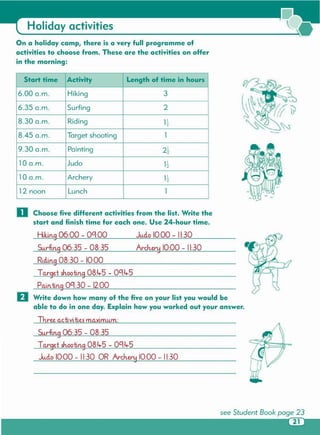 see Student Book page 23
1
. ..-
Ju.do 10:00 - 11:30 OR Archery 10:00 - 11:30
T a.rget sh,ootin,g 08:4-5 - 0C!:4-5
Su.rfin,g 06:35 - 08:35
Th,ree activi ties rnaximurn:
D Write down how many of the five on your list you would be
able to do in one day. Explain how you worked out your answer.
Pa.in,tin,g 0C!:30 - 12:00
T a.f'get sh,ootin,g 08:4-5 - 0C!:4-5
RLdin,g08:30 - 10:00
Archery 10:00 - 11:30Su.rfin,g 06:35 - 08:35
.ludo 10:00 - 11:30HLkin.g06:00 - OC!:OO
o Choose five different activities from the list. Write the
start and finish time for each one. Use 24-hour time.
Start time Activity Length of time in hours
6.00 a.m. Hiking 3
6.35 a.m. Surfing 2
8.30 a.m. Riding 1~
8.45 a.m. Target shooting 1
9.30 a.m. Painting 2~
10 a.m. Judo 1~
10 a.m. Archery 1~
12 noon Lunch 1
On a holiday camp, there is a very full programme of
activities to choose from. These are the activities on offer
in the morning:
Holiday activities
 