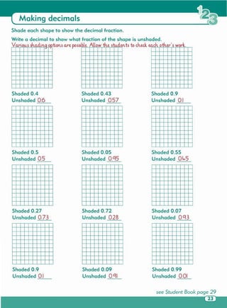 Shaded 0.99
Unshaded 0.01
Shaded 0.09
Unshaded O.CjI
Shaded 0.9
Unshaded 0.1..=..:.:..-
Shaded 0.07
Unshaded 0.Cj3
Shaded 0.72
Unshaded 0.28
Shaded 0.27
Unshaded 0.73
Shaded 0.55
Unshaded 0.4-5
Shaded 0.05
Unshaded 0.Cj5
Shaded 0.5
Unshaded 0.5
Shaded 0.9
Unshaded 0.1--=.:.:._
Shaded 0.43
Unshaded 0.57
Shaded 0.4
Unshaded 0.6
Shade each shape to show the decimal fraction.
Write a decimal to show what fraction of the shape is unshaded.
Va.riOu.s sha.ctin.a 0'tion.s are possible. Allow th.e stud.en ts to check each. oth.er-'s work.1- ,
Making decimals
 