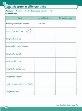 see Student Book page 34
Item In millimetres In centimetres
the length of my thumbnail Own.wort.
~
span of my left hand -
length of my shoe
length of a pair of scissors
length of a pencil
width of this book
height of a coffee mug
length of a stapler
width across a pair of spectacles
length of a belt
Measure each item and write the measurement in two
diHerent ways.
Measure in different units
 