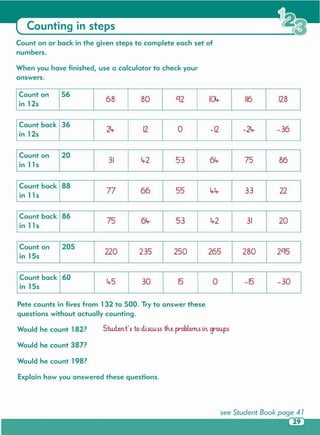 Explain how you answered these questions .
Would he count 198?
Would he count 387?
Stu.d..en.t'5 to discuss th..eproblems in. grou.psWould he count 182?
Pete counts in fives from 132 to 500 . Try to answer these
questions without actually counting.
-30-15o1530lr5I Count back 160
In 15s
Count on 205
220 235 250 265 2802ct5
in 15s
Counting in steps
Count on or back in the given steps to complete each set of
numbers.
When you have finished, use a calculator to check your
answers.
I Count on
156
68 80 ct2 104- 116in 12s
I ~ount back 136 2lr 12 0 -12 -2lr -36In 12s
I Count on
120
31 lr2 53 6lr 75in 11s
I Count back 188 77 66 55 lrlr 33In 11s
I Count back 186 75 6lr 53 lr2 31
In 11s
 