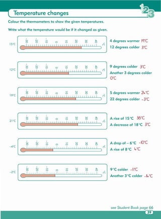 9°C colder -iloe
Another 3°C colder -Ilr °e
A drop of - 6°C -IGoe
A rise of 8°C lr"C
A rise of 15°C 36°e
A decrease of 18°C 3°e
5 degrees warmer 2lr °e
22 degrees colder - 3°e
9 degrees colder 3°e
Another 3 degrees colder
Goe
4 degrees warmer IGloe
12 degrees colder 3°e
°()
)
I I I
W N ~ - N W ~
0000000 0
elllllllllllllllllllllllllllllllllill
o
()
)
~ ~ ~ - N W ~
o 0 0 0 0 000
ellllllllllllljlllllllllllllllllllill
o
()
)
I I
W N ~ - N W ~
o 0 0 0 0 0 0 0
e
llllllllllllllllllllllllllllllllllll
- I
o
()
)
~ ~ ~ - N W ~
000 0 000 0
e
ll III 11111 11111 11111 11111 11111 11111 I
- I
n
)
I ~, I
w ,~~ - N W ~
o 0 0 0 0 000
ellllllllllllllllllllljlllllllllllill
o
()
)
I I I
W N ~ ~ N W ~
o 0 0 0 0 0 0 0
e
llllllllllllllllllllllllllllllllllll
- I
Write what the temperature would be if it changed as given.
Colour the thermometers to show the given temperatures.
Temperature changes
 