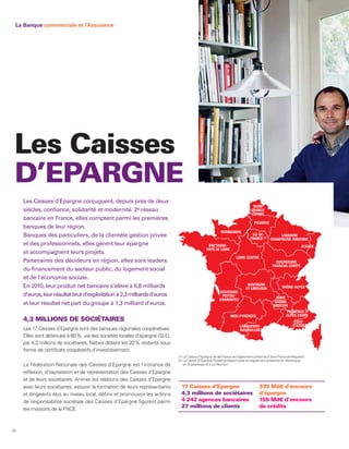 La Banque commerciale et l’Assurance




 Les Caisses
 D’EPARGNE
     Les Caisses d’Epargne conjuguent, depuis près de deux
                                                                                                                                  NORD
     siècles, confiance, solidarité et modernité. 2e réseau                                                                      FRANCE
                                                                                                                                 EUROPE
     bancaire en France, elles comptent parmi les premières
                                                                                                                                   PICARDIE
     banques de leur région.
                                                                                                            NORMANDIE
     Banques des particuliers, de la clientèle gestion privée                                                                    ILE-DE-        LORRAINE
                                                                                                                                FRANCE (1) CHAMPAGNE-ARDENNE
     et des professionnels, elles gèrent leur épargne                                              BRETAGNE-                                                        ALSACE
                                                                                                  PAYS DE LOIRE
     et accompagnent leurs projets.
                                                                                                                       LOIRE-CENTRE
     Partenaires des décideurs en région, elles sont leaders                                                                                      BOURGOGNE
                                                                                                                                                FRANCHE-COMTÉ
     du financement du secteur public, du logement social
     et de l’économie sociale.
     En 2010, leur produit net bancaire s’élève à 6,8 milliards                                                               AUVERGNE
                                                                                                                             ET LIMOUSIN              RHÔNE-ALPES
                                                                                                           AQUITAINE
     d’euros, leur résultat brut d’exploitation à 2,3 milliards d’euros                                     POITOU-
                                                                                                                                                  LOIRE
                                                                                                           CHARENTES
                                                                                                                                                 DRÔME
     et leur résultat net part du groupe à 1,3 milliard d’euros.                                                                                ARDÈCHE
                                                                                                                                                         PROVENCE (2)
                                                                                                                   MIDI-PYRÉNÉES                         ALPES-CORSE
     4,3 MILLIONS DE SOCIÉTAIRES                                                                                                                               CÔTE
                                                                                                                         LANGUEDOC-                           D’AZUR
     Les 17 Caisses d’Epargne sont des banques régionales coopératives.                                                  ROUSSILLON
     Elles sont détenues à 80 %, via des sociétés locales d’épargne (SLE),
     par 4,3 millions de sociétaires. Natixis détient les 20 % restants sous
     forme de certificats coopératifs d’investissement.
                                                                               (1) La Caisse d’Epargne Ile-de-France est également présente à Saint-Pierre-et-Miquelon.
                                                                               (2) La Caisse d’Epargne Provence-Alpes-Corse est également présente en Martinique,
     La Fédération Nationale des Caisses d’Epargne est l’instance de               en Guadeloupe et à La Réunion.

     réflexion, d’expression et de représentation des Caisses d’Epargne
     et de leurs sociétaires. Animer les relations des Caisses d’Epargne
     avec leurs sociétaires, assurer la formation de leurs représentants         17 Caisses d’Epargne                                 335 Md€ d’encours
     et dirigeants élus au niveau local, définir et promouvoir les actions       4,3 millions de sociétaires                          d’épargne
     de responsabilité sociétale des Caisses d’Epargne figurent parmi            4 242 agences bancaires                              155 Md€ d’encours
     les missions de la FNCE.
                                                                                 27 millions de clients                               de crédits



22
 