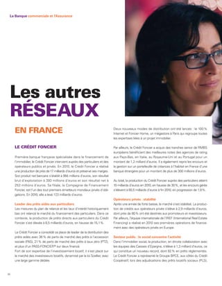 La Banque commerciale et l’Assurance




 Les autres
 RÉSEAUX
     EN FRANCE                                                                   Deux nouveaux modes de distribution ont été lancés : le 100 %
                                                                                 Internet et Foncier Home, un mégastore à Paris qui regroupe toutes
                                                                                 les expertises liées à un projet immobilier.

     LE CRÉDIT FONCIER                                                           Par ailleurs, le Crédit Foncier a acquis des tranches senior de RMBS
                                                                                 européens bénéficiant des meilleures notes des agences de rating
     Première banque française spécialisée dans le financement de                aux Pays-Bas, en Italie, au Royaume-Uni et au Portugal pour un
     l’immobilier, le Crédit Foncier intervient auprès des particuliers et des   montant de 1,2 milliard d’euros. Il a également repris les encours et
     opérateurs publics et privés. En 2010, le Crédit Foncier a réalisé          la gestion sur un portefeuille de créances à l’habitat en France d’une
     une production de près de 17 milliards d’euros et préservé ses marges.      banque étrangère pour un montant de plus de 300 millions d’euros.
     Son produit net bancaire s’établit à 994 millions d’euros, son résultat
     brut d’exploitation à 393 millions d’euros et son résultat net à            Au total, la production du Crédit Foncier auprès des particuliers atteint
     253 millions d’euros. Sa filiale, la Compagnie de Financement               10 milliards d’euros en 2010, en hausse de 30 %, et les encours gérés
     Foncier, est l’un des tout premiers émetteurs mondiaux privés d’obli-       s’élèvent à 60,5 milliards d’euros à fin 2010, en progression de 1,8%.
     gations. En 2010, elle a levé 17 milliards d’euros.
                                      ,3
                                                                                 Opérateurs privés : stabilité
     Leader des prêts aidés aux particuliers                                     Après une année de forte baisse, le marché s’est stabilisé. La produc-
     Les mesures du plan de relance et les taux d’intérêt historiquement         tion de crédits aux opérateurs privés s’élève à 2,9 milliards d’euros,
     bas ont relancé le marché du financement des particuliers. Dans ce          dont près de 80 % ont été destinés aux promoteurs et investisseurs.
     contexte, la production de prêts directs aux particuliers du Crédit         Par ailleurs, l’équipe internationale de l’IREF (International Real Estate
     Foncier s’est élevée à 8,5 milliards d’euros, en hausse de 15,1 %.          Financing) a réalisé en 2010 ses premières opérations de finance-
                                                                                 ment avec des opérateurs privés en Europe.
     Le Crédit Foncier a consolidé sa place de leader de la distribution des
     prêts aidés avec 36 % de parts de marché des prêts à l’accession            Secteur public : le social concentre l’activité
     sociale (PAS), 21 % de parts de marché des prêts à taux zéro (PTZ),         Dans l’immobilier social, la production, en étroite collaboration avec
     et plus d’un PASS-FONCIER ® sur deux financé.                               les équipes des Caisses d’Epargne, s’élève à 1,3 milliard d’euros, ce
     Fort de son expertise de l’investissement locatif, il s’est placé sur       qui constitue un nouveau record, dont 82 % en prêts réglementés.
     le marché des investisseurs locatifs, dynamisé par la loi Scellier, avec    Le Crédit Foncier a représenté le Groupe BPCE, aux côtés du Crédit
     une large gamme dédiée.                                                     Coopératif, lors des adjudications des prêts locatifs sociaux (PLS),



30
 