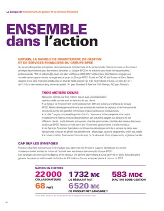 La Banque de financement, de gestion et de services financiers




ENSEMBLE
dans l’action
          NATIXIS, LA BANQUE DE FINANCEMENT, DE GESTION
          ET DE SERVICES FINANCIERS DU GROUPE BPCE
          Au service des grandes entreprises, des investisseurs institutionnels et du secteur public, Natixis est aussi un fournisseur
          privilégié de prestations pour les réseaux bancaires du Groupe BPCE et de solutions pour leurs clients particuliers,
          professionnels, PME et collectivités. Avec son plan stratégique 2009-2012, baptisé New Deal, Natixis a engagé une
          nouvelle dynamique en étroite synergie avec le projet du Groupe BPCE. Cotée au CAC 40 à la Bourse de Paris, Natixis
          dispose d’une base financière solide avec un total de fonds propres Tier 1 de 16,8 milliards d’euros, un ratio de Tier 1
          de 11,4 % et des notations long terme de qualité : A+ pour Standard & Poor’s et Fitch Ratings, Aa3 pour Moody’s.


                                     TROIS MÉTIERS CŒURS
                                     Natixis est centrée sur trois métiers cœurs avec une organisation
                                     opérationnelle tournée vers les besoins de ses clients.
                                       La Banque de Financement et d’Investissement (BFI) est la banque d’affaires du Groupe
                                     BPCE. Natixis développe notamment ses activités de marchés de capitaux et de financements
                                     structurés auprès des grandes entreprises et des investisseurs institutionnels.
                                       Le pôle Épargne comprend la gestion d’actifs, l’assurance, la banque privée et le capital
                                     investissement. Natixis propose des produits et des solutions adaptés aux besoins de ses
                                     différents clients : institutionnels, entreprises, clientèle patrimoniale, clientèle des réseaux bancaires
                                     du Groupe BPCE. Natixis compte parmi les 15 premiers gestionnaires d’actifs mondiaux.
                                       Les Services Financiers Spécialisés contribuent au développement de la banque de détail avec
                                     des activités conçues et gérées industriellement : affacturage, cautions et garanties, crédit-bail, crédit
                                     à la consommation, financement du cinéma et de l’audiovisuel, titres et paiements, ingénierie sociale.


          CAP SUR LES SYNERGIES
          Plusieurs chantiers transversaux sont engagés pour optimiser les fonctions support, développer les ventes
          croisées entre les entités de Natixis et l’activité avec les réseaux bancaires du Groupe BPCE.
          Les synergies de revenus entre Natixis et les réseaux ont généré 262 millions d’euros de PNB en 2010. Elles devraient
          générer des revenus additionnels de l’ordre de 810 millions d’euros en année pleine à horizon fin 2013.



                           NATIXIS EN CHIFFRES


                           22 000 1 732 M€
                           COLLABORATEURS                                   DE RÉSULTAT NET
                                                                                                                         583 MD€
                                                                                                                         D’ACTIFS SOUS GESTION


                           68     6 520 M€ PAYS
                                                                            DE PRODUIT NET BANCAIRE (1)
                           (1) Hors GAPC, résultat net des activités abandonnées et charges de restructuration nettes.



40
 