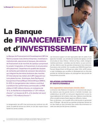 La Banque de financement, de gestion et de services financiers




La Banque
de FINANCEMENT
et d’INVESTISSEMENT
     La Banque de Financement et d’Investissement (BFI) de                                                            Les fonctions support ont été regroupées dans le cadre d’une
     Natixis propose à ses clients entreprises, investisseurs                                                         approche mondiale. Les activités de marchés de capitaux ont été
     institutionnels, assurances et banques, des solutions                                                            structurées en deux filières – Actions et Taux, crédit, change et
     de financement et de marchés de capitaux comprenant                                                              matières premières – orientées vers les clients. Le suivi commer-
                                                                                                                      cial des relations avec les grandes entreprises et les institutions
     le conseil, l’origination, le financement, la structuration
                                                                                                                      financières a été conforté. Une nouvelle zone EMEA (Europe [hors
     et le placement. L’expertise et la qualité des équipes                                                           France], Moyen-Orient et Afrique) est créée. Enfin, la BFI a lancé
     de recherche permettent de concevoir des solutions                                                               un plan stratégique pour accélérer le développement en Asie des
     qui intègrent les dernières évolutions des marchés.                                                              activités de marchés de capitaux en prolongement des activités de
     À l’international, les métiers de la BFI s’appuient sur                                                          financements structurés.

     trois plates-formes : Amériques, Asie-Pacifique et
     Europe (hors France)/Moyen-Orient/Afrique (EMEA).                                                                RELATIONS ENTREPRISES
     En 2010, la réorganisation des métiers a contribué                                                               ET INSTITUTIONNELS
     à améliorer leur performance commerciale. Le PNB
     s’élève à 3 027 millions d’euros, en croissance de                                                               Une organisation transversale orientée client
                                                                                                                      La direction des Relations Entreprises et Institutionnels assure
     12 %, le résultat brut d’exploitation à 1 377 millions
                                                                                                                      les relations avec les grands clients à l’échelle mondiale. Les
     d’euros (1), en hausse de 26 %, et le résultat net avant
                                                                                                                      collaborateurs de la BFI se retrouvent régulièrement autour du
     impôt à 1 175 millions d’euros (2).                                                                              responsable-pivot de la relation client pour élaborer ensemble des
                                                                                                                      offres complémentaires faisant appel aux différents métiers.
                                                                                                                      Dans ce domaine, une nouvelle offre a été lancée en partenariat
                                                                                                                      avec JP Morgan : elle permet aux grandes entreprises clientes qui
     La réorganisation de la BFI s’est poursuivie pour renforcer son effi-                                            ont des filiales en Asie d’émettre des crédits documentaires sur
     cacité, la qualité de service aux clients, le suivi des risques et pour                                          cette zone dans de très bonnes conditions.
     faciliter les ventes croisées.




     (1) La contribution de la BFI au résultat brut d’exploitation du Groupe BPCE s’élève à 1 372 millions d’euros.
     (2) La contribution de la BFI au résultat net avant impôt du Groupe s’élève à 1 169 millions d’euros.
42
 