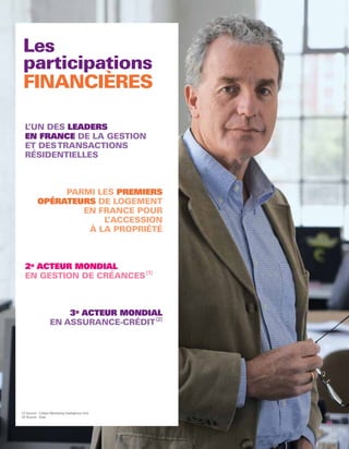 FINANCIÈRES

       L’UN DES LEADERS
       EN FRANCE DE LA GESTION
       ET DES TRANSACTIONS
       RÉSIDENTIELLES



                     PARMI LES PREMIERS
                OPÉRATEURS DE LOGEMENT
                        EN FRANCE POUR
                            L’ACCESSION
                         À LA PROPRIÉTÉ



       2e ACTEUR MONDIAL
       EN GESTION DE CRÉANCES (1)



                             3e ACTEUR MONDIAL
                         EN ASSURANCE-CRÉDIT (2)




     (1) Source : Coface Marketing Intelligence Unit.
     (2) Source : Icisa.



48
 
