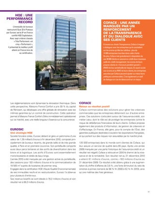 HQE : UNE
PERFORMANCE
     RECORD                                                                                           COFACE : UNE ANNÉE
        L’immeuble de bureaux                                                                         MARQUÉE PAR UN
 restructuré Quai 33 à Puteaux                                                                        RENFORCEMENT
par Eurosic est le 9e en France                                                                       DE LA TRANSPARENCE
       certifié HQE Exploitation.
                                                                                                      ET DU DIALOGUE AVEC
     Avec sept critères classés
          « Très Performant » et
                                                                                                      SES CLIENTS
            cinq « Performant »,                                                                      À travers sa charte Transparence, Coface s’engage
  il présentait le meilleur profil                                                                    à dialoguer avec les entreprises qui le souhaitent
       atteint en France lors de                                                                      sur les scores qu’elle leur attribue : plus de
                 sa certification.                                                                    14 000 entreprises inscrites dans cette charte.
                                                                                                      De plus, Coface met gratuitement à disposition de
                                                                                                      ses 30 000 clients en assurance-crédit deux nouveaux
                                                                                                      outils de crédit management ; les scores de leurs
                                                                                                      propres clients et « l’encours pondéré garanti »
                                                                                                      (RWE) de leur portefeuille de risques. En ayant accès
                                                                                                      aux scores et au RWE de leurs clients, les entreprises
                                                                                                      assurées par Coface peuvent ajuster au mieux leurs
                                                                                                      politiques commerciales. C’est également un outil
                                                                                                      de dialogue en cas de désaccord sur un risque.




    Les réglementations vont dynamiser la rénovation thermique. Dans        COFACE
    cette perspective, Maisons France Confort a pris 39 % du capital        Retour au résultat positif
    de Rénovert, qui développe une offre globale de rénovation avec les     Coface commercialise des solutions pour gérer les créances
    mêmes garanties qu’un contrat de construction. Cette opération          commerciales que les entreprises détiennent sur d’autres entre-
    permet à Maisons France Confort d’être immédiatement opérationnel       prises. Ces solutions s’articulent autour de l’assurance-crédit, son
    sur ce marché, avec une réelle longueur d’avance sur la concurrence.    métier cœur, dont le rôle est de protéger les entreprises contre le
                                                                            risque de défaillances financières de leurs clients. Coface propose
                                                                            également des produits d’information, de gestion de créances et
    EUROSIC                                                                 d’affacturage. En France, elle gère, pour le compte de l’État, des
    Une stratégie HQE                                                       garanties publiques destinées à soutenir les exportations françaises,
    Société foncière cotée, Eurosic détient et gère un patrimoine d’une     et qui portent sur des risques non assurables par le marché privé.
    valeur de 1,39 milliard d’euros à fin décembre 2010, composé prin-
    cipalement de bureaux récents, de grande taille et de très grande       135 000 entreprises dans le monde sont clientes de Coface, qui
    qualité, à Paris et en première couronne. Son portefeuille comporte     leur assure un service de qualité dans 65 pays. Après une année
    aussi deux parcs tertiaires et des actifs de diversification dans les   2009 marquée par une perte historique de l’assurance-crédit et un
    loisirs et la logistique. Les actifs d’Eurosic sont essentiellement     résultat net négatif, Coface a retrouvé en 2010 le chemin de la crois-
    mono-locataires et dotés de baux longs.                                 sance et de la rentabilité. Son résultat net au 31 décembre 2010
    L’année 2010 a été marquée par une gestion active du portefeuille,      a atteint 61 millions d’euros, contre – 163 millions d’euros au
    des cessions pour 103 millions d’euros et la commercialisation de       31 décembre 2009. Ce résultat a été obtenu grâce à une augmen-
    18 500 m2 auprès de locataires de premier rang.                         tation du chiffre d’affaires de 3,8 %, une forte diminution du ratio de
    Engagée dans la certification HQE (Haute Qualité Environnementale)      sinistres à primes (ramené de 98 % fin 2009 à 53 % fin 2010), ainsi
    de ses immeubles neufs et en restructuration, Eurosic l’a obtenue       qu’une maîtrise des frais généraux.
    pour plusieurs d’entre eux.
    Ses revenus locatifs se sont élevés à 78,2 millions d’euros et son
    résultat net à 89,3 millions d’euros.



                                                                                                                                                               51
 