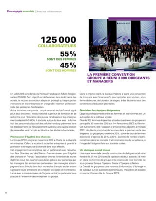 Plus engagés ensemble | Avec nos collaborateurs




     En juillet 2010 a été lancée la Politique Handicap et Achats Respon-         Dans le même esprit, la Banque Palatine a signé une convention
     sables (PHARE). Son objectif est de favoriser, dans le domaine des           de trois ans avec Sciences-Po pour apporter son soutien, sous
     achats, le recours au secteur adapté et protégé qui regroupe les             forme de bourse, de tutorat et de stages, à des étudiants issus des
     institutions et les entreprises en charge de l’insertion profession-         conventions d’éducation prioritaires.
     nelle des personnes handicapées.
     Autre initiative marquante : un partenariat exclusif a été signé
     pour deux ans avec l’Institut national supérieur de formation et de          L’égalité professionnelle entre les femmes et les hommes est un
     recherche pour l’éducation des jeunes handicapés et les enseigne-            autre pilier de la politique sociale.
     ments adaptés (INS HEA). Il s’articule autour de deux axes : la forma-       Plus de 300 femmes dirigeantes et cadres supérieurs du groupe ont
     tion des personnels d’accueil des cellules Handicap présentes dans           participé le 30 novembre 2010 aux 1res Rencontres BPCE au Féminin.
     les établissements de l’enseignement supérieur, ainsi que la création        Cet événement a été l’occasion d’annoncer trois objectifs à l’horizon
     de passerelles vers l’emploi au bénéfice des étudiants handicapés.           2013 : doubler la proportion de femmes dans le premier cercle des
                                                                                  dirigeants du groupe pour atteindre 20 % ; porter le taux de femmes
                                                                                  directrices d’agence de 29 % à 35 % ; accroître le nombre d’admi-
     Le Groupe BPCE a signé en novembre 2010 la Charte de la diversité            nistratrices dans les conseils d’administration ou de surveillance, à
     en entreprise. Celle-ci a vocation à inciter les entreprises à garantir la   l’image de l’obligation faite aux sociétés cotées.
     promotion et le respect de la diversité dans leurs effectifs.
     Cet engagement se concrétise par un partenariat avec l’associa-
     tion Nos Quartiers ont des Talents. Premier réseau pour l’égalité            Une étape essentielle dans la construction du dialogue social a été
     des chances en France, l’association favorise l’insertion de jeunes          franchie le 21 mai 2010 avec la signature de deux accords : la mise
     diplômés issus des quartiers populaires grâce à leur parrainage par          en place du Comité de groupe et la création de trois Comités de
     les managers des entreprises partenaires. Les managers accom-                sous-groupes Banque Populaire, Caisse d’Epargne et Natixis.
     pagnent leurs filleuls dans leur recherche d’emploi en les aidant            Le Comité de groupe est une instance d’information, d’échange et
     à préparer leurs entretiens et à intégrer les codes de l’entreprise.         de dialogue sur les questions économiques, financières et sociales
     Lancé avec succès au niveau de l’organe central, ce partenariat sera         concernant l’ensemble du Groupe BPCE.
     proposé à l’ensemble des entreprises du groupe.




62
 