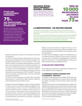 autant de sujets partagés par la Fédération
                                                            Nationale des Banques Populaires et par le
                                                            Centre des Jeunes Dirigeants (CJD) qui ont
                                                            signé une convention de partenariat en 2010.



                                                                                                                                         73
Une étude a été réalisée par la Fédération
Nationale des Caisses d’Epargne auprès de
                                                            La Fondation Caisses d’Epargne pour la solidarité a l’ambition de faire de la bientraitance
800 emprunteurs d’un microcrédit personnel
                                                            des personnes qu’elle accueille une pratique collective et solidaire de tous les professionnels
afin d’en mesurer l’efficacité en termes d’emploi,
                                                            intervenants.
de situation familiale, de conditions de vie
                                                            Dans ce cadre, elle a engagé en 2010 le déploiement du programme de bientraitance MobiQual
et d’insertion sociale. Les résultats sont
                                                            dans tous ses établissements. Elle a aussi lancé les Trophées Infirmières, qui récompensent
encourageants puisque trois quarts des
                                                            des travaux et projets dans les domaines de la prévention, de l’éducation pour la santé et de
emprunteurs ont vu leur situation s’améliorer.
                                                            l’amélioration de la qualité des soins des personnes âgées et handicapées.
98 % d’entre eux affirment être satisfaits.




                                                                              Dépôts l’a choisie pour prendre en charge la formation au micro-
                                                                              crédit des formateurs issus des grands réseaux associatifs, qui ont
                                                                              la responsabilité de promouvoir et décliner le microcrédit au sein de
                                                                              leurs organisations.
    praticiens et organisations œuvrant en France dans le domaine de          En 2010, Finances & Pédagogie a réalisé un film didactique sur le
    la microfinance.                                                          microcrédit personnel et a élargi son champ d’action aux porteurs
    À fin 2010, les Caisses d’Epargne représentaient 37 % des micro-          de projets avec une panoplie d’outils pédagogiques à destination
    crédits personnels distribués en France et le Crédit Coopératif 19 %,     des futurs entrepreneurs. Finances & Pédagogie a assuré plus de
    les plaçant respectivement à la 1re et 2e place du marché. Avec           3 000 interventions auprès de 46 500 personnes.
    Parcours Confiance, les Caisses d’Epargne proposent aux emprun-
    teurs un suivi personnalisé incluant un diagnostic approfondi, une
    offre bancaire adaptée et des formations à la gestion budgétaire
    animées par Finances & Pédagogie. Les emprunteurs bénéfi-                 Les fondations des entreprises du Groupe BPCE témoignent aussi
    cient également du soutien des réseaux partenaires de Parcours            de leur solidarité et de leur engagement.
    Confiance comme par exemple les CCAS (1), les UDAF (2), mais aussi
    le Secours catholique, les Restos du Cœur et plus de 150 associa-
    tions locales et nationales.
    En 2010, les Caisses d’Epargne ont accordé 2 944 microcrédits             La Fondation Caisses d’Epargne pour la solidarité (FCEs) agit contre
    personnels pour un montant de 5,8 millions d’euros et 1 500 micro-        toutes les formes de dépendance et d’exclusion liées au grand âge,
    crédits professionnels pour 34 millions d’euros.                          à la maladie, au handicap, et contre l’exclusion sociale, notamment
                                                                              l’illettrisme. 
    L’association Finances & Pédagogie, créée par la Caisse d’Epargne         Première fondation reconnue d’utilité publique par le nombre de ses
    en 1957 intervient sur des actions éducatives budgétaires, pour
            ,                                                                 collaborateurs, elle gère le premier réseau français de maisons pour
    un apprentissage à l’argent, une bonne compréhension des                  personnes âgées dépendantes dans le secteur privé non lucratif.
    mécanismes bancaires et une meilleure inclusion financière. À             Elle accueille 6 000 personnes âgées et handicapées dans ses
    ce titre, elle agit en synergie avec Parcours Confiance auprès            96 établissements et services ; elle prend en charge 7 000 patients
    de bénéficiaires de microcrédit. Finances & Pédagogie forme               par an dans ses 4 établissements sanitaires, et elle accompagne
    les professionnels de l’action sociale à l’éducation financière et        dans leur vie à domicile près de 8 000 personnes âgées.
    la responsabilisation des personnes en difficulté. La Caisse des          La FCEs compte 4 600 collaborateurs.
    (1) Centre communal d’action sociale.                                     (3) Fondation reconnue d’utilité publique.
    (2) Union départementale des associations familiales.

                                                                                                                                                              71
 