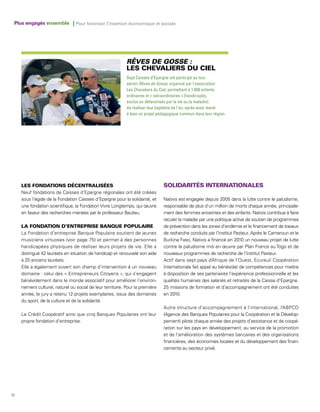 Plus engagés ensemble | Pour favoriser l’insertion économique et sociale




                                                            RÊVES DE GOSSE :

                                                            Sept Caisses d’Epargne ont participé au tour
                                                            aérien Rêves de Gosse, organisé par l’association
                                                            Les Chevaliers du Ciel, permettant à 1 650 enfants
                                                            ordinaires et « extraordinaires » (handicapés,
                                                            exclus ou défavorisés par la vie ou la maladie)
                                                            de réaliser leur baptême de l’air, après avoir mené
                                                            à bien un projet pédagogique commun dans leur région.




     Neuf fondations de Caisses d’Epargne régionales ont été créées
     sous l’égide de la Fondation Caisses d’Epargne pour la solidarité, et     Natixis est engagée depuis 2005 dans la lutte contre le paludisme,
     une fondation scientifique, la Fondation Vivre Longtemps, qui œuvre       responsable de plus d’un million de morts chaque année, principale-
     en faveur des recherches menées par le professeur Baulieu.                ment des femmes enceintes et des enfants. Natixis contribue à faire
                                                                               reculer la maladie par une politique active de soutien de programmes
                                                                               de prévention dans les zones d’endémie et le financement de travaux
     La Fondation d’entreprise Banque Populaire soutient de jeunes             de recherche conduits par l’Institut Pasteur. Après le Cameroun et le
     musiciens virtuoses (voir page 75) et permet à des personnes              Burkina Faso, Natixis a financé en 2010 un nouveau projet de lutte
     handicapées physiques de réaliser leurs projets de vie. Elle a            contre le paludisme mis en œuvre par Plan France au Togo et de
     distingué 42 lauréats en situation de handicap et renouvelé son aide      nouveaux programmes de recherche de l’Institut Pasteur.
     à 25 anciens lauréats.                                                    Actif dans sept pays d’Afrique de l’Ouest, Ecureuil Coopération
     Elle a également ouvert son champ d’intervention à un nouveau             Internationale fait appel au bénévolat de compétences pour mettre
     domaine : celui des « Entrepreneurs Citoyens », qui s’engagent            à disposition de ses partenaires l’expérience professionnelle et les
     bénévolement dans le monde associatif pour améliorer l’environ-           qualités humaines des salariés et retraités de la Caisse d’Epargne.
     nement culturel, naturel ou social de leur territoire. Pour la première   25 missions de formation et d’accompagnement ont été conduites
     année, le jury a retenu 12 projets exemplaires, issus des domaines        en 2010.
     du sport, de la culture et de la solidarité.
                                                                               Autre structure d’accompagnement à l’international, l’ABPCD
     Le Crédit Coopératif ainsi que cinq Banques Populaires ont leur           (Agence des Banques Populaires pour la Coopération et le Dévelop-
     propre fondation d’entreprise.                                            pement) pilote chaque année des projets d’assistance et de coopé-
                                                                               ration sur les pays en développement, au service de la promotion
                                                                               et de l’amélioration des systèmes bancaires et des organisations
                                                                               financières, des économies locales et du développement des finan-
                                                                               cements au secteur privé.




72
 
