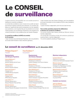 Le CONSEIL
    de surveillance
    L’organe central du Groupe BPCE est une société anonyme à                            sept membres issus des Caisses d’Epargne, dont cinq présidents
    directoire et conseil de surveillance.                                              de conseil d’orientation et de surveillance (COS) et deux présidents
    Le conseil de surveillance a pour mission de surveiller de façon                    de directoire ;
    permanente la gestion exercée par le directoire. Ce contrôle s’ap-                   quatre membres indépendants, dont trois sont des femmes.
    plique sur l’opportunité des actions entreprises et sur leur régularité.
    Les sociétaires y sont représentés par les présidents de conseil                    Trois comités spécialisés préparent les délibérations
    d’administration pour les Banques Populaires et les présidents de                   et décisions du conseil de surveillance :
    conseil d’orientation et de surveillance pour les Caisses d’Epargne.                  le comité d’audit et des risques, présidé par Marwan Lahoud,
                                                                                        membre indépendant ;
    Le conseil de surveillance de BPCE est constitué                                       le comité des nominations et des rémunérations présidé par
    de 18 membres :                                                                     Laurence Danon, membre indépendant ;
     sept membres issus des Banques Populaires, dont cinq présidents                      le comité coopératif, présidé par Philippe Dupont.
    de conseil d’administration et deux directeurs généraux ;




    Le conseil de surveillance                                                 au 31 décembre 2010

    Philippe Dupont (1)                              Yves Toublanc (1)
    Président                                        Vice-président

    Représentants                                                Représentants                                   Membres indépendants
    des Banques Populaires                                       des Caisses d’Epargne
                                                                                                                 Laurence Danon (2)
    Gérard     Bellemon (2)                                      Catherine Amin-Garde (2)                        Présidente du directoire
    Président de la                                              Présidente du COS de la                         d’Edmond de Rothschild Corporate Finance
    Banque Populaire Val de France                               Caisse d’Epargne Loire Drôme Ardèche
                                                                                                                 Marwan Lahoud (3)
    Thierry Cahn (3)                                             Francis Henry (1)                               Directeur général délégué à la
    Président de la                                              Président du COS de la                          Stratégie et au Marketing et membre
    Banque Populaire d’Alsace                                    Caisse d’Epargne Lorraine Champagne-Ardenne     du comité exécutif d’EADS
    Pierre Desvergnes (1)                                        Pierre Mackiewicz (2)                           Marie-Christine Lombard (3)
    Président de la                                              Président du COS de la                          Présidente directrice générale
    CASDEN Banque Populaire                                      Caisse d’Epargne Côte d’Azur                    de TNT Express
    Stève Gentili (2)                                            Pierre Valentin (3)                             Maryse Aulagnon (2)
    Président de la                                              Président du COS de la                          Présidente directrice générale
    BRED Banque Populaire                                        Caisse d’Epargne Languedoc-Roussillon           du groupe Affine
    Jean Criton (1) (3)                                          Bernard Comolet (1) (3)
    Directeur général de la                                      Président du directoire de la                   Assistent aux réunions
    Banque Populaire Rives de Paris                              Caisse d’Epargne Ile-de-France
                                                                                                                 Jean-Luc Débarre,
    Bernard Jeannin                                              Didier Patault                                  Pierre-Éric Randrianarisoa
    Directeur général de la                                      Président du directoire de la                   représentants du
    Banque Populaire Bourgogne Franche-Comté                     Caisse d’Epargne Bretagne-Pays de Loire         comité d’entreprise de BPCE



    (1) Membre du comité coopératif.
    (2) Membre du comité des nominations et des rémunérations.
    (3) Membre du comité d’audit et des risques.

4
 