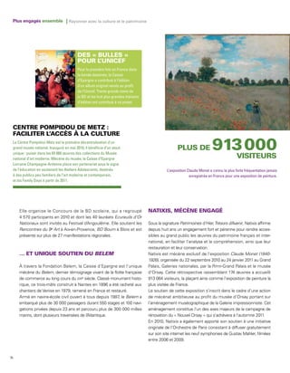 Plus engagés ensemble | Rayonner avec la culture et le patrimoine




                                         Pour la première fois en France dans
                                         la bande dessinée, la Caisse
                                         d’Epargne a contribué à l’édition
                                         d’un album original vendu au profit
                                         de l’Unicef. Trente grands noms de
                                         la BD et les huit plus grandes maisons
                                         d’édition ont contribué à ce projet.




 Le Centre Pompidou-Metz est la première décentralisation d’un
 grand musée national. Inauguré en mai 2010, il bénéficie d’un atout
 unique : puiser dans les 65 000 œuvres des collections du Musée
 national d’art moderne. Mécène du musée, la Caisse d’Epargne
 Lorraine Champagne-Ardenne place son partenariat sous le signe
 de l’éducation en soutenant les Ateliers Adolescents, destinés                             L’exposition Claude Monet a connu la plus forte fréquentation jamais
 à des publics peu familiers de l’art moderne et contemporain,                                            enregistrée en France pour une exposition de peinture.
 et les Family Days à partir de 2011.




     Elle organise le Concours de la BD scolaire, qui a regroupé
     4 570 participants en 2010 et dont les 40 lauréats Ecureuils d’Or
     Nationaux sont invités au Festival d’Angoulême. Elle soutient les            Sous la signature Patrimoines d’Hier, Trésors d’ venir, Natixis affirme
                                                                                                                                 A
     Rencontres du 9e Art à Aix-en-Provence, BD Boum à Blois et est               depuis huit ans un engagement fort et pérenne pour rendre acces-
     présente sur plus de 27 manifestations régionales.                           sibles au grand public les œuvres du patrimoine français et inter-
                                                                                  national, en faciliter l’analyse et la compréhension, ainsi que leur
                                                                                  restauration et leur conservation.
                                                    BELEM                         Natixis est mécène exclusif de l’exposition Claude Monet (1840-
                                                                                  1926), organisée du 22 septembre 2010 au 24 janvier 2011 au Grand
     À travers la Fondation Belem, la Caisse d’Epargne est l’unique               Palais, Galeries nationales, par la Rmn-Grand Palais et le musée
     mécène du Belem, dernier témoignage vivant de la flotte française            d’Orsay. Cette rétrospective rassemblant 174 œuvres a accueilli
     de commerce au long cours du XIXe siècle. Classé monument histo-             913 064 visiteurs, la plaçant ainsi comme l’exposition de peinture la
     rique, ce trois-mâts construit à Nantes en 1896 a été racheté aux            plus visitée de France.
     chantiers de Venise en 1979, ramené en France et restauré.                   Le soutien de cette exposition s’inscrit dans le cadre d’une action
     Armé en navire-école civil ouvert à tous depuis 1987 le Belem a
                                                          ,                       de mécénat ambitieuse au profit du musée d’Orsay portant sur
     embarqué plus de 30 000 passagers durant 550 stages et 100 navi-             l’aménagement muséographique de la Galerie impressionniste. Cet
     gations privées depuis 23 ans et parcouru plus de 300 000 milles             aménagement constitue l’un des axes majeurs de la campagne de
     marins, dont plusieurs traversées de l’ tlantique.
                                           A                                      rénovation du « Nouvel Orsay » qui s’achèvera à l’automne 2011.
                                                                                  En 2010, Natixis a également apporté son soutien à une initiative
                                                                                  originale de l’Orchestre de Paris consistant à diffuser gratuitement
                                                                                  sur son site internet les neuf symphonies de Gustav Mahler, filmées
                                                                                  entre 2006 et 2009.



76
 