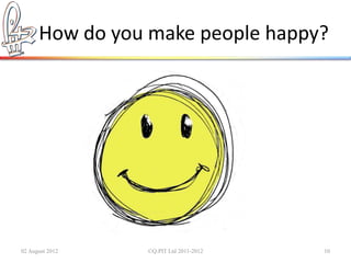How do you make people happy?




02 August 2012   ©Q:PIT Ltd 2011-2012   10
 